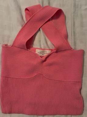 American Threads Hot Pink Ribbed Crisscross Halter Crop Top Size Small